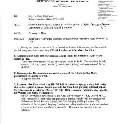 Memo to Rep. Ed Case, Chairman, House Hawaiian Affairs Committee from Gilbert Coloma-Agaran, Deputy to the Chairperson, Department of Land Natural Resources