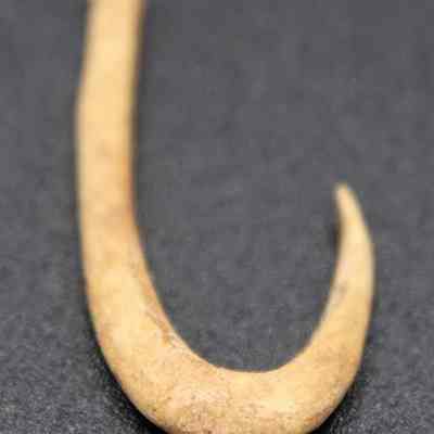 Closeup of fishhook: The image shows a close-up of a curved, fish hook, with a textured surface, laid against a solid dark background.