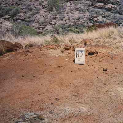 Hardpan terrain with white sign