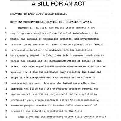 A Bill for an Act Relating to Kaho'olawe Island Reserve (S.B. No. 2231 S.D. 1 H.D. 1)