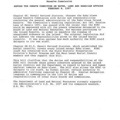 Testimony of the Chairperson of the Board of Land and Natural Resources on SB 1607-Relating to Duties of the Kaho'olawe Island Reserve Commission