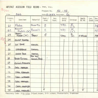 Artifact Accession Field Record for Site 363: The document is an artifact accession field record detailing various specimens such as flakes and bones, from Site 363.