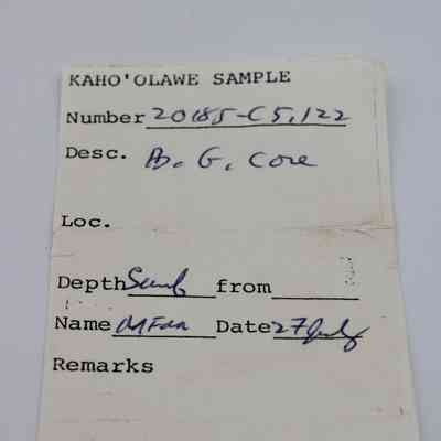 Artifacl slip for basaltic glass core: The image shows an artifact slip labeled "KAHO'OLAWE SAMPLE" with details like number, description, depth, name, and date.