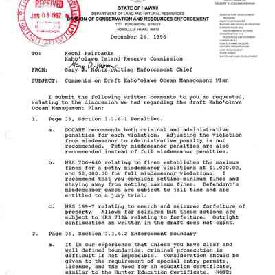 Memo to Keoni Fairbanks form Gary D. Moniz regarding on Draft Kaho'olawe Ocean Management Plan