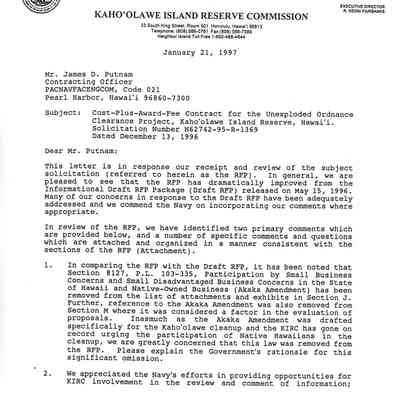 Letter from the KIRC to the US Navy regarding the contract for the UXO Clearance Project on Kaho'olawe