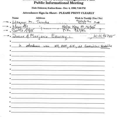 Draft Kaho'olawe Ocean Management Plan Public Informational Meeting Attendance Sign-In Sheet, 12/4/96