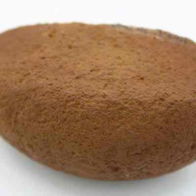 Lengthwise top view of breadloaf sinker: The image shows a brown, roughly oval-shaped sinker stone with a textured surface, often used as a sinker due to its density.