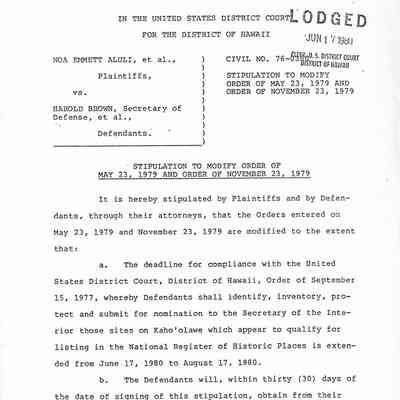 Aluli vs. Brown: Stipulation to Modify Order of May 23, 1979 and Order of November 23, 1979