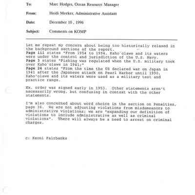Memorandum to Marc Hodge from Heidi Meeker