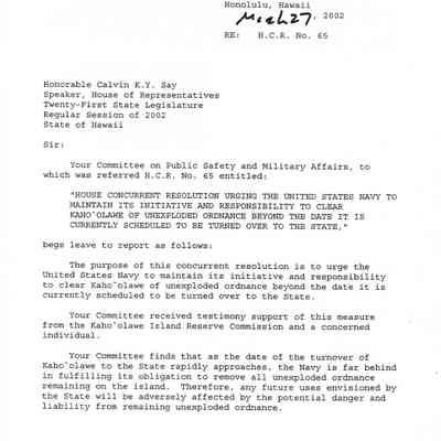 Standing Committee Report No. 943-02 regarding HCR No. 65
