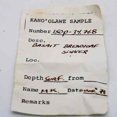 Artifact slip for basalt breadloaf sinker: This image shows a sample label with the title "Kaho'olawe Sample" and sample number 150P-34.768, identified as breadloaf sinker.