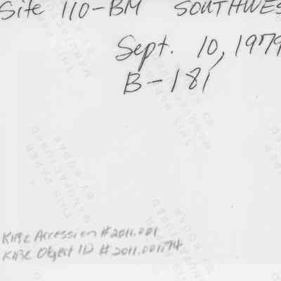 Handwritten text on the back of photo (KIRC Object ID #2011.001.74): The image shows handwritten notes indicating "Site 110-BM, Southwest" with the date "Sept. 10, 1979"