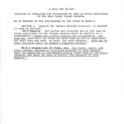 A bill for an Act Relating to Kaho'olawe Penalties, first draft