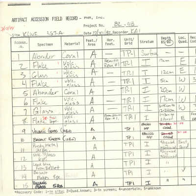 Artifact Accession Field Report for Site 367 Feature A: The image is an artifact accession field record, documenting various specimens like coral and volcanic glass, detailing their locations and characteristics.