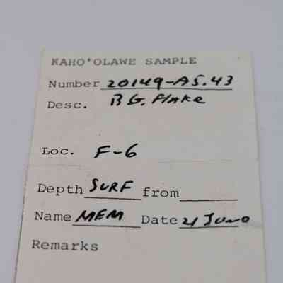 Artifact slip for basaltic glass flake: The image shows an artifact slip labeled "Kaho'olawe Sample" with details like number, location, and date.