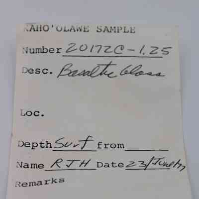 Artifact slip for basaltic glass: The artifact slip contains information about a basaltic glass sample, labeled with number 20172C-1.25, retrieved from the surface, on