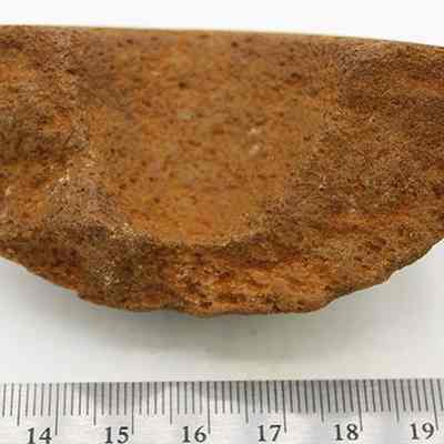 Cup or mortar fragment with ruler: The image shows a brown, rough-textured fragment that could be part of a cup or mortar, placed above a ruler measuring its size.