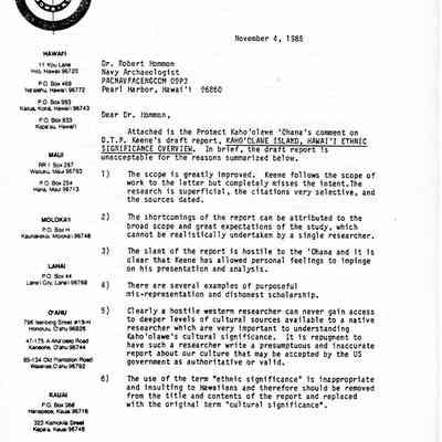 PKO Letter regarding "Kaho'olawe Island, Hawaii ethnic significance review."