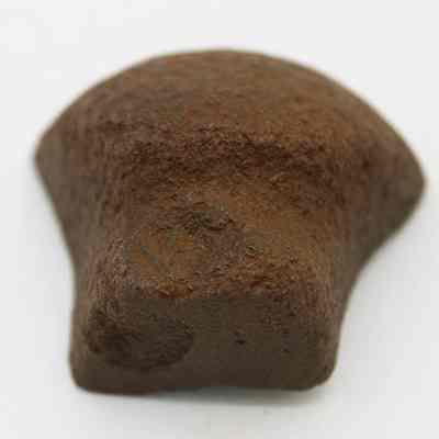 Closeup of lengthwise view of sinker or polishing stone: The image shows a textured, brown object with a rounded shape, possibly a sinker fragment or a polishing stone, and a rough surface.