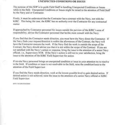 Draft, Unexpected Conditins or Issues document