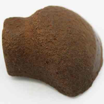 Side view of grooved type sinker or polishing stone: The image shows a rough, brown stone fragment with a rounded shape, possibly a sinker or a polishing stone, displaying a textured surface.