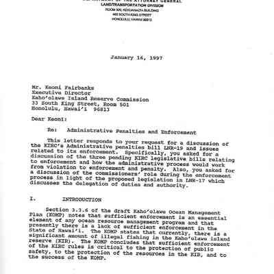 Letter to Mr. Keoni Fairbanks, Executive Director, Kaho'olawe Island Reserve Commission re: Administrative Penalties and Enforcement