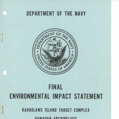 PDF copy of Final Environmental Impact Statement for Kahoolawe Island Target Complex dated February 1972: The image is a cover sheet for the "Final Environmental Impact Statement" prepared by the Department of the Navy, dated February 1972.