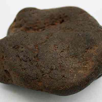 Closeup of hammerstone: A dark, irregularly shaped rock with a rough, textured surface sits on a plain white background.