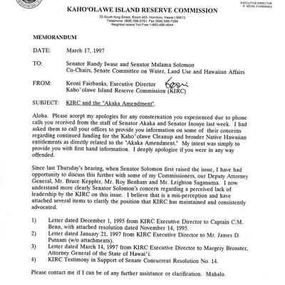 Memorandum to Senator Randy Iwase and Senator Malama Solomon, Co-Chairs, Senate Committee on Water, Land Use and Hawaiian Affairs regarding KIRC and the