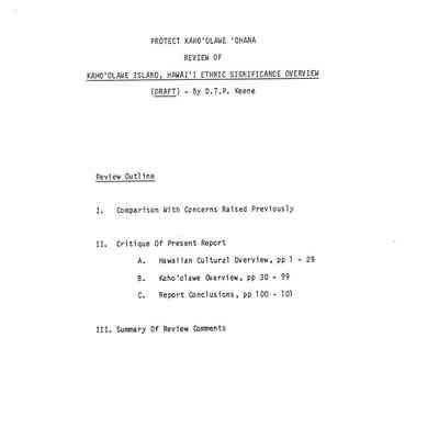 PKO review of "Kaho'olawe Island, Hawaii ethnic signfiicance review (Draft)"