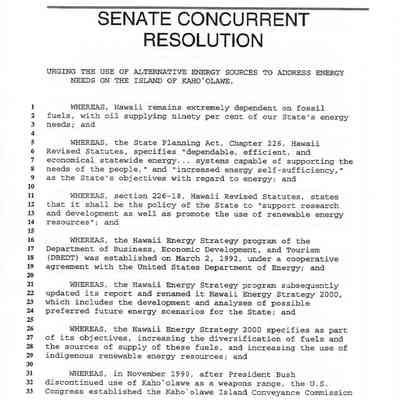 S.C.R. (Senate Concurrent Resolution) No. 101 S.D. (Senate Draft 1), Senate Concurrent Resolution Urging the the Use of Alternative Energy Sources to Address Energy Needs on the Island of Kaho'olawe