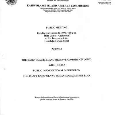 Kaho'olawe Island Reserve Commission Public Meeting Agenda, November 26, 1996