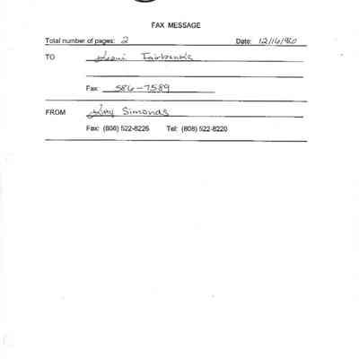 Fax Message to Keoni Fairbanks from Kitty Simonds