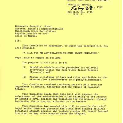 Standing Committee Report no. 1087 re: H.B. 1748 H.D. 1