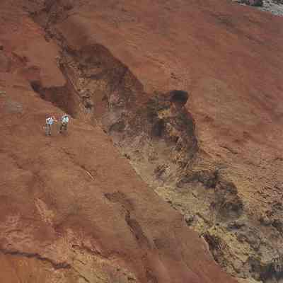 Two men near gully on hardpan-aerial