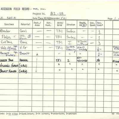 Artifact Accession Field Record