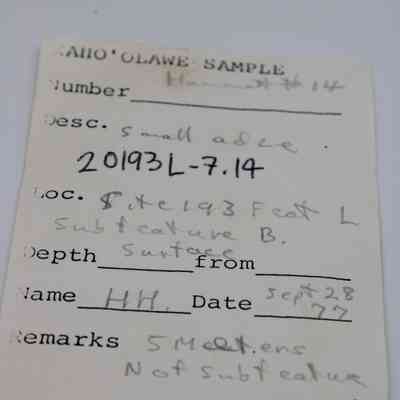 Artifact slip for a small adze: The artifact slip is labeled "Kaho'olawe Sample," describing a small adze with number 20193L-7.14.