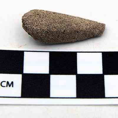 Coral abrader wtih scale: The image shows a textured, pointed stone artifact lying next to a black-and-white scale marked in centimeters, on a plain, white surface.