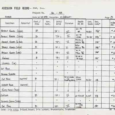 Page 4 of Artifact Accession Field Record for Site 378b: The image displays an artifact accession field record detailing various specimens, their materials, features, stratums, and additional recovery information, organized into a tabular format.