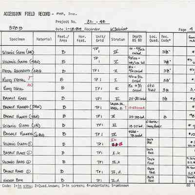 Page 5 of Artifact Accession Field Record for Site 378B: The image shows a detailed artifact accession field record form documenting various specimens, including volcanic glass and basalt flakes, with specific features.