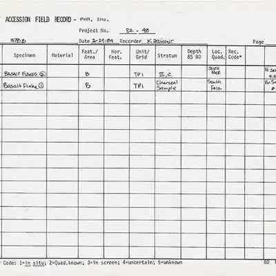 Page 6 of Artifact Accession Field Record for Site 378B: The image shows an artifact accession field record with details of basalt flakes, including accession numbers, materials, and excavation grid location.
