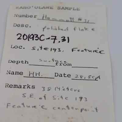 Artifact slip for polished flake: The image displays an artifact slip detailing a polished flake from Kaho'olawe, including location, description, and remarks.