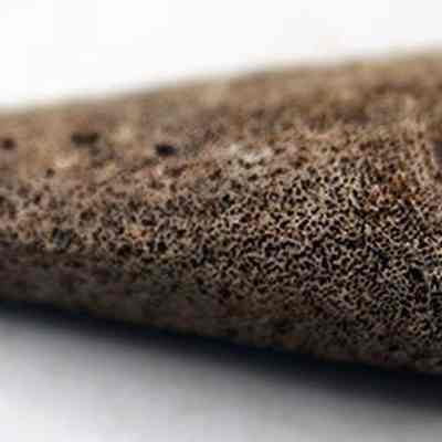 Closeup of coral abrader: This image shows a close-up of a triangular, textured object resembling a coral, resting on a flat surface with numbers written in black in on white background.