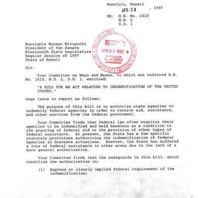 Standing Committee Report No. 1475 regarding H.B. No. 1610, H.D.2, S.D. 1, "A Bill for an Act Relating to Indemnification of the United States."