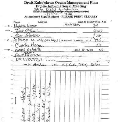 Draft Kaho'olawe Ocean Management Plan Public Informational Meeting Attendance Sign-In Sheet-11/26/96