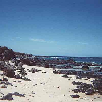 White sandy beach with rocks