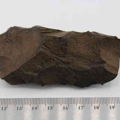 Closeup of adze fragment with ruler: The image features a rough, brown adze fragment placed beside a ruler for scale reference on a plain background.