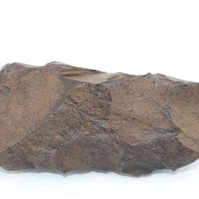 Closeup of adze fragement: The image shows a roughly hewn, stone adze fragment with a rugged surface, featuring sharp edges and an uneven texture.