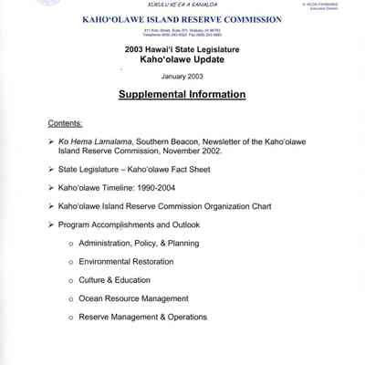 2003 Hawai'i State Legislature Kaho'olawe Update Supplemental Information