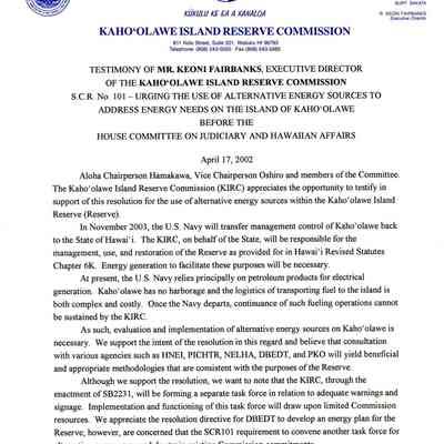 Testimony of Mr. Keoni Fairbanks, Executive Director of the Kaho'olawe Island Reserve Commission, S.C.R. 101